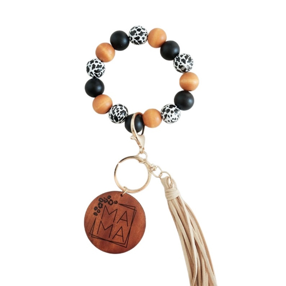 Mama Silicone & Wooden Beaded Keychain Wristlet w/ Fringe - Picture 2 of 2